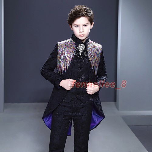 Children Kid's Boy's Sequins Stage Suit Jackets Tuxedo Swallow-tailed Coats Sets - Picture 4 of 28
