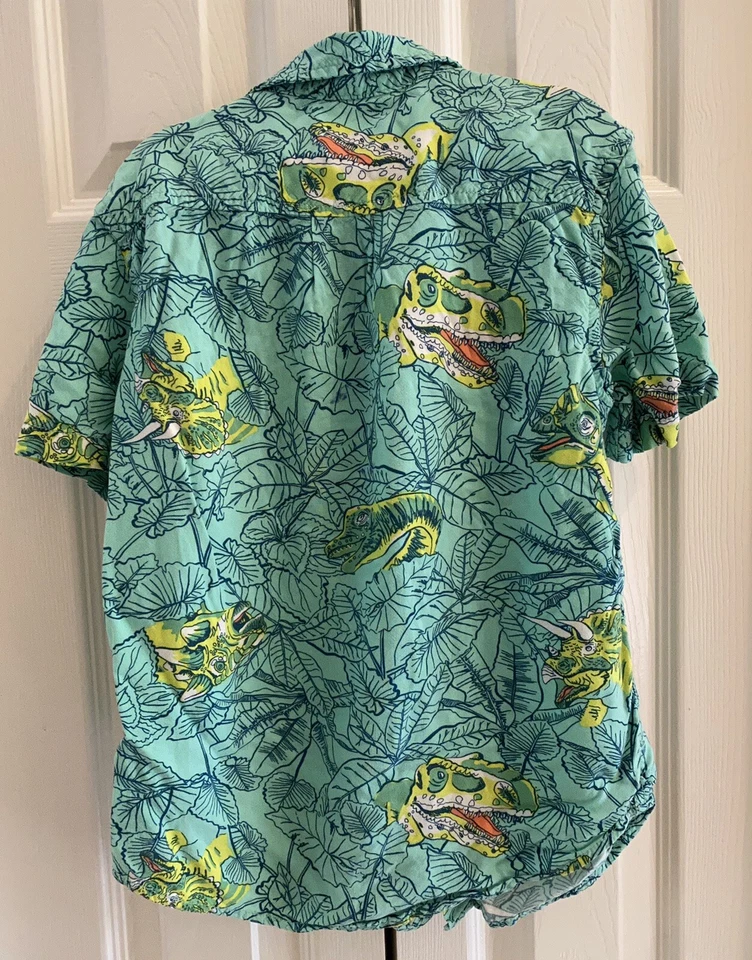 Cat and Jack Boys S 6/7 Button Up Collared Hawaiian Shirt Blue Green Dinosaurs - Image 2 of 4
