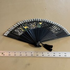 Vintage Wooden  Paper Hand Fan Fold Up 1930-1940 Black Japan Floral Antique