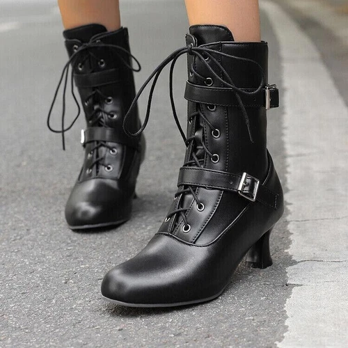 Womens Chic Shoes Round Toe Lace Up Buckle Straps Mid Heel Ankle Boots - Picture 13 of 31