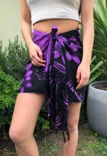 Hawaiian Sarong Short Purple Black Plumeria Pareo Beach Pool Cruise Wrap Skirt