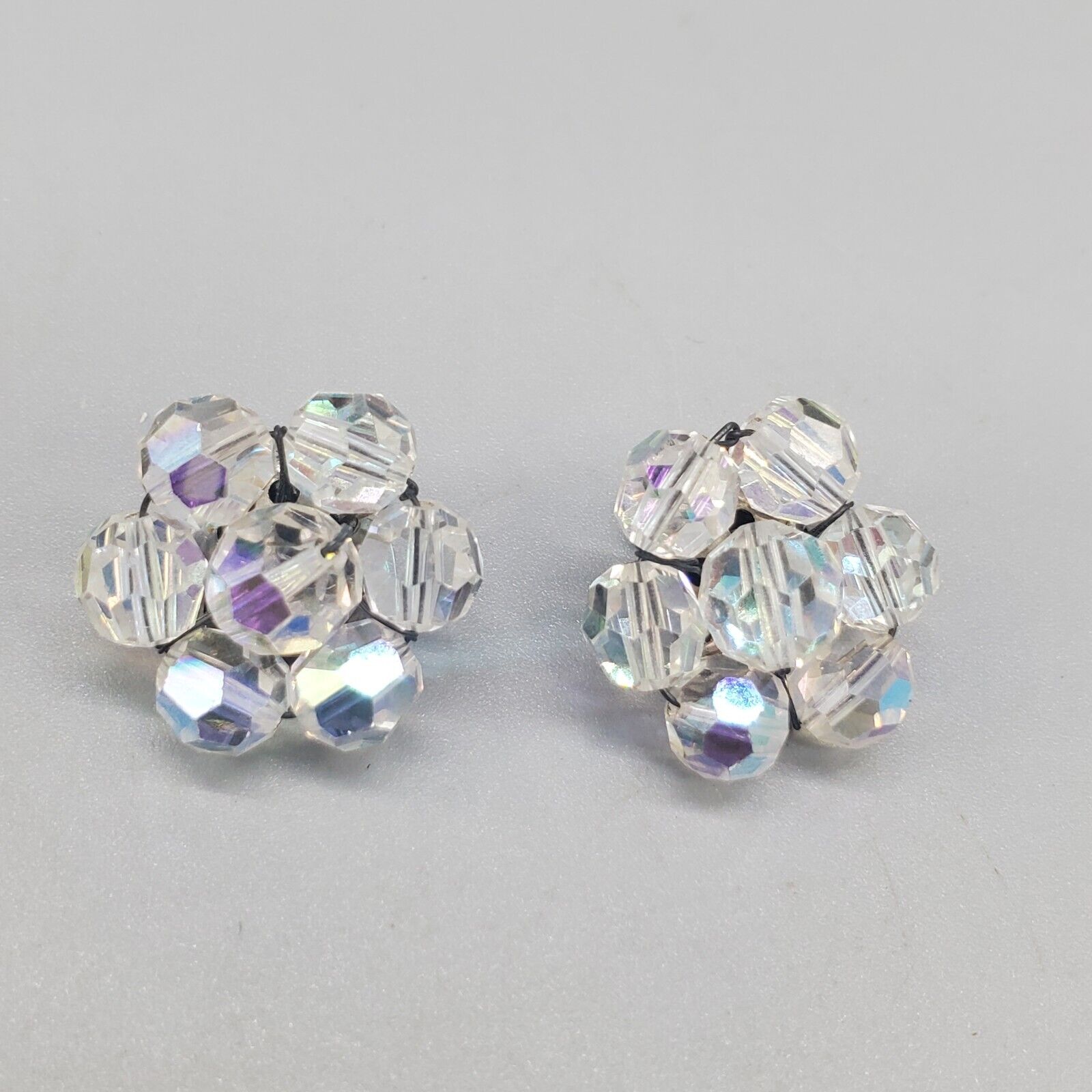 Vintage Clip On Earrings Clear AB Iridescent Bead… - image 5