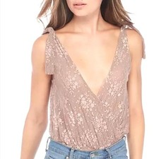 Free People Intimately Free NWT Taupe Lace All Day Thong Plunging Bodysuit Sz M