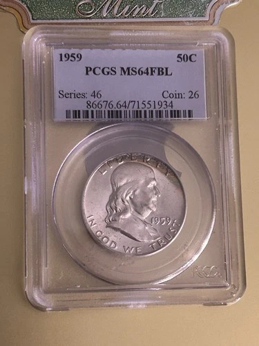 1959 Franklin Half PCGS MS 64 FBL GEM Full Bell Lines Rainbow Toning 50c Rare