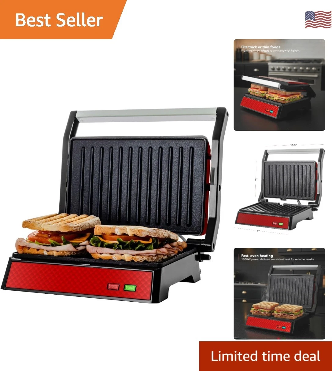 Fast & Even Heating Panini Grill with Thermostat Control - Compact Red Design
Opens in a new window
