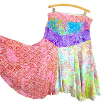 Vintage 1990s colorful patchwork skirt XL rayon pink purple green plus size