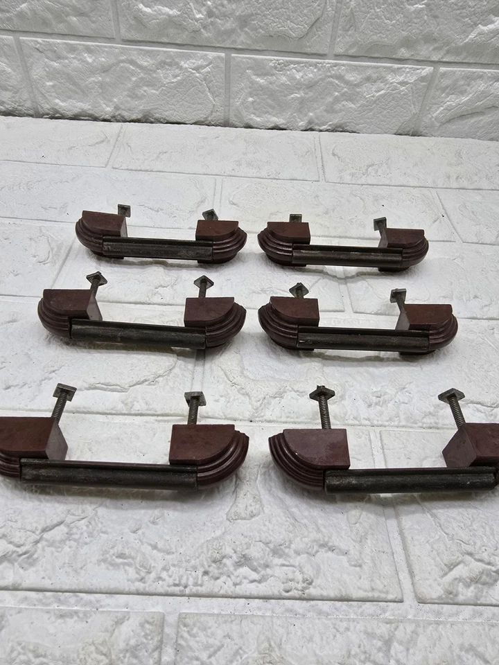 Unusual Set Of 6 Art Deco Drawer Pull Handles Bakelite Brass Brown 10 Cm Long - Image 2 of 4