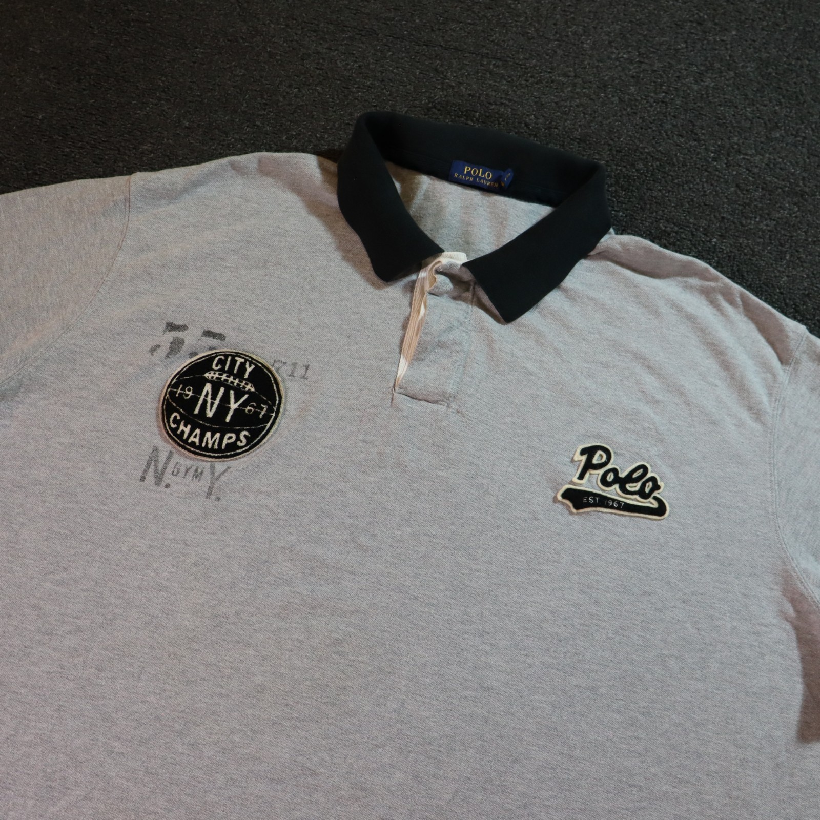 Polo Ralph Lauren Mens 5XB Gray Polo Shirt SS Rugby NY City Champs 67 Vintage