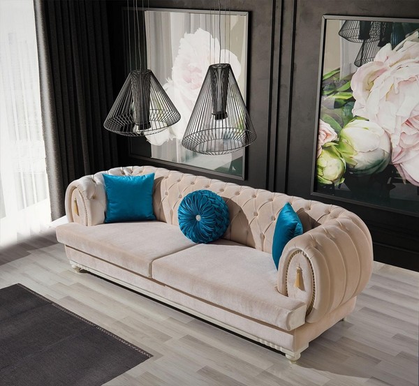 Beige Chesterfield Polster Couch Designer Dreisitzer Textilsofas 3-Er-image