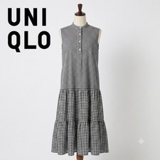 UNIQLO Womens Slub Cotton Sleeveless Tiered Dress Black Check M