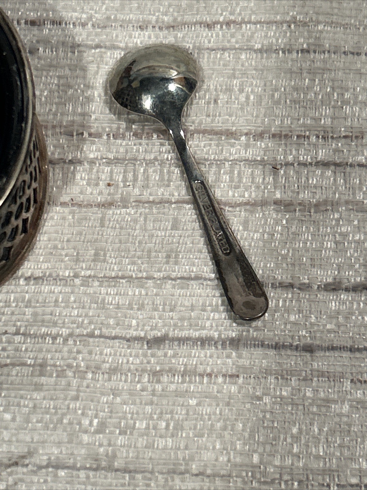 English Mustard Container W/Silver Plated Spoon~Lined With Cobalt Blue Glass