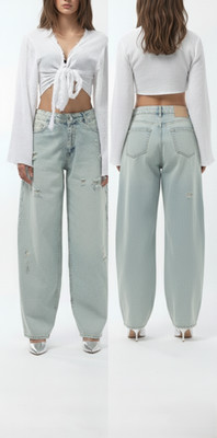 Damen Distressed Baggy Jeans mit weitem Bein - Helle Waschung Denim