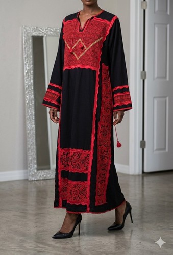 Black Red Embroidered Vintage THOBE  dress Long Sleeve Women's 
