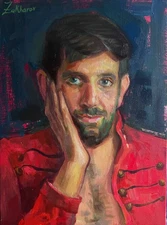 RED JACKET Original Oil Portrait Young Bearded Man  Contemporary Realism Signed