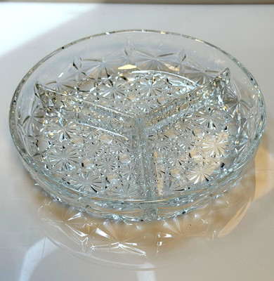 Vintage Beautiful Indiana Glass Co. 1932 Three Section Cut Glass Candy Serving