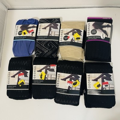 Vintage Lot Of 8 Fashion & Control Top Tights George Size 2 Black, Tan & Blue