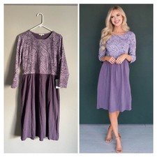 Tea n Rose Purple Paisley Knee Length Midi 3/4 Sleeve Dress 100% Cotton Sz L NWT