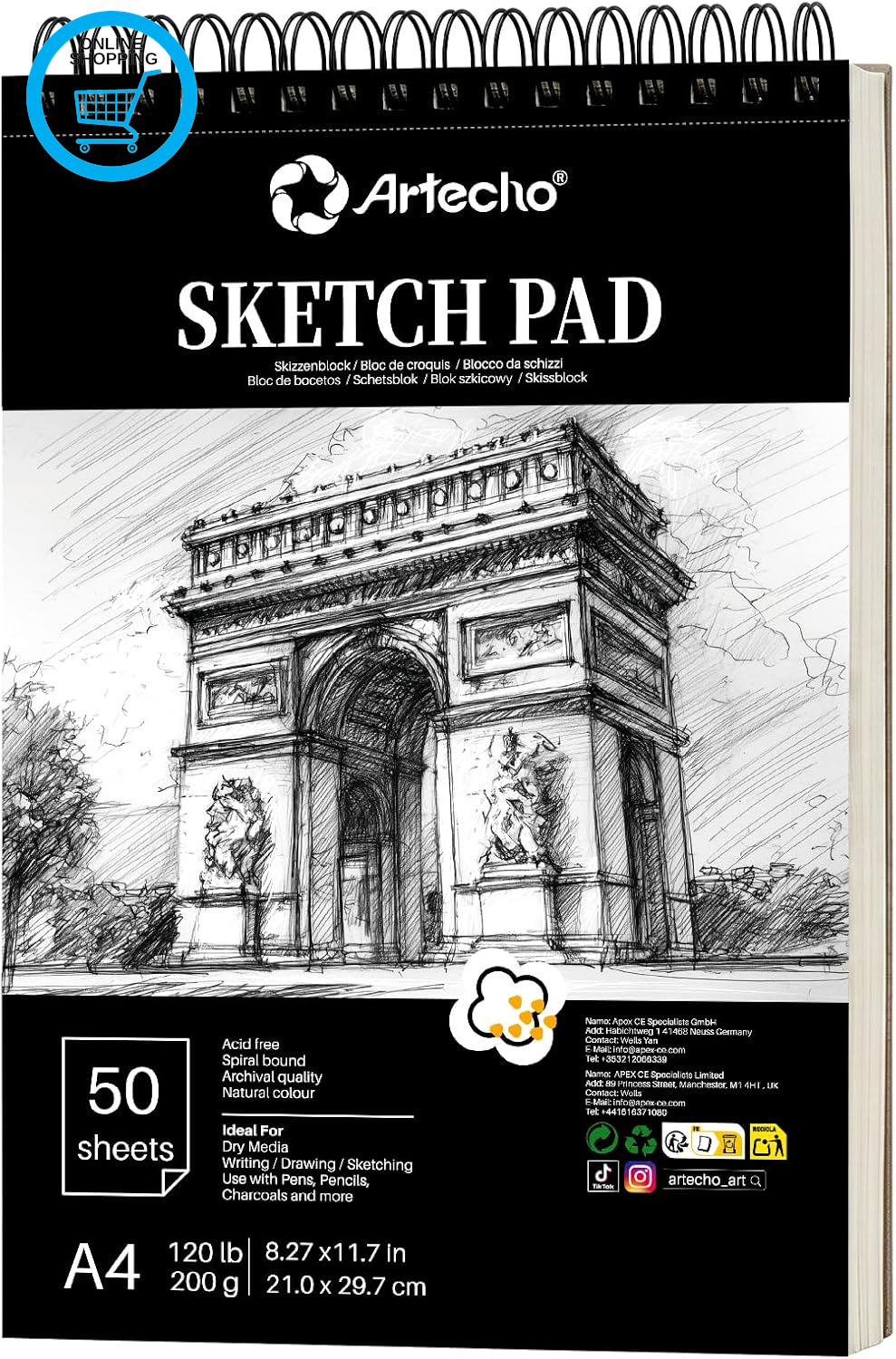 A4 Sketch Book, 200Gsm Hardcover Spiral Bound Sketch Pad, 50 Sheets Acid Free Dr