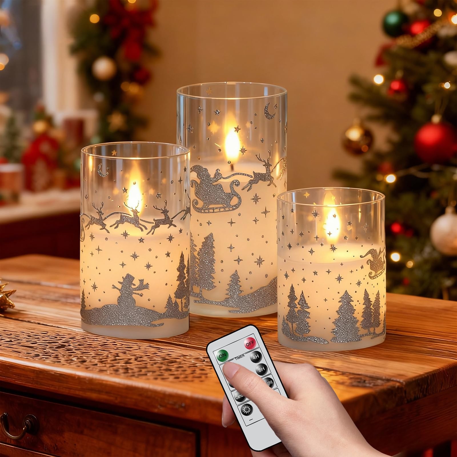 Reindeer Glass Flameless Candles Battery Operated with Remote and Timer Real ...