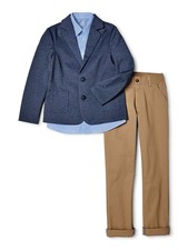 Wonder Nation Boys 3 Piece Suit Set Size 5 Blazer Shirt Pants Blue Khaki Beige