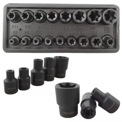 3/8'' & 1/2'' E-Torx Kraft-Steckschlüsselsatz E5 - E24 Schlagschrauber 17 tlg
