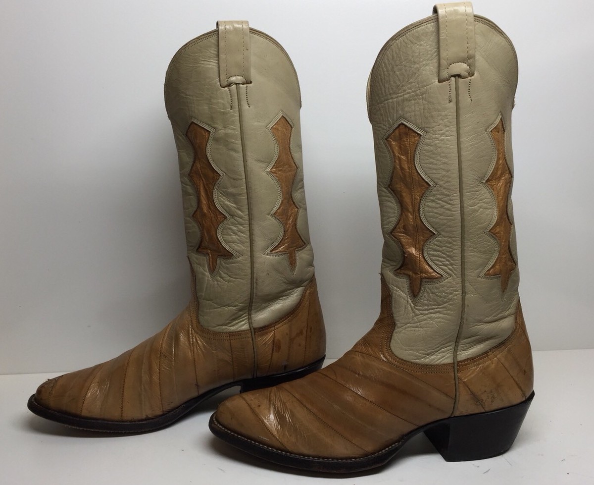 R MENS NOCONA COWBOY EEL SKIN INLAY LEATHER BROWN BOOTS SIZE 