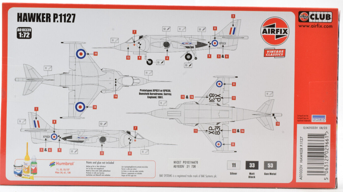 Airfix Vintage Classics Hawker P.1127 1:72 Scale Plastic Model Plane Kit A01033V