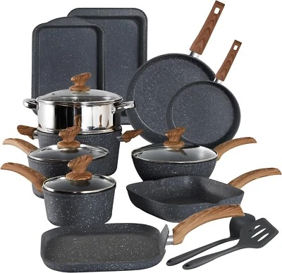KITCHEN ACADEMY 17 Pieces Cookware Set Nonstick Granite Coated Pots and Pans Set Bakeware Set US