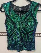 New! Women's Royal Highness GREEN PAISLEY HORSE SHOW VEST w Sequences Size Small