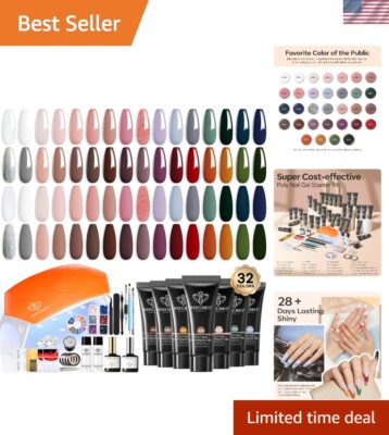 Professional Poly Nail Gel Set - 33 Pieces with UV Lamp & Glitter for Nail Art