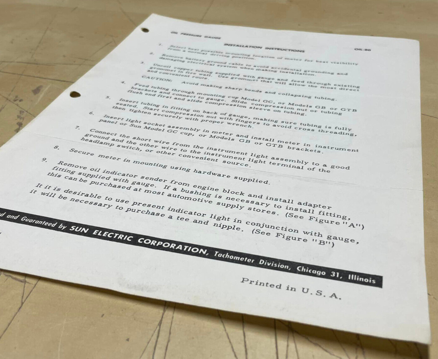 Vintage Original Sun Electric Corp Oil Pressure Gauge Installation Instructions