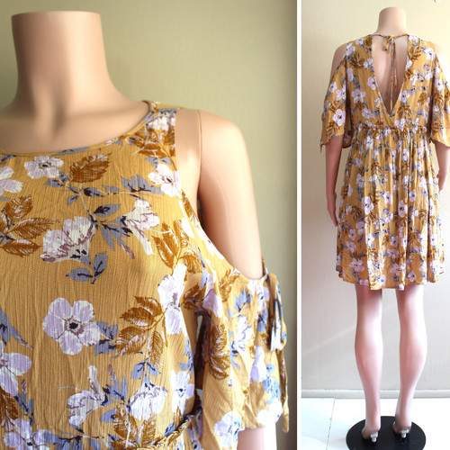 M Mini Dress Tan Lilac Short Cold Shoulder Cottagecore Floral Rayon Hommage
