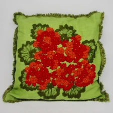 Vintage embroidered accent pillow red orange flowers on green fringe 17" square