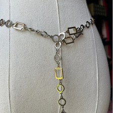 Vintage 80s Metal Chain Belt Silver Brass Geometric Links Adjustable 42"