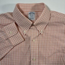 Brooks Brothers Regent Shirt 16.5 34 Peach Check Oxford Button Down Non Iron