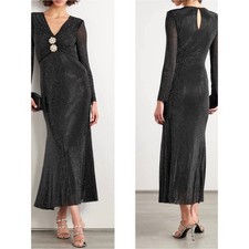 SELF-PORTRAIT Rhinestone Crystal Embellished Long Sleeve Black Midi Dress Size 4