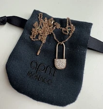 APM Monaco Crystal Safety Pin Pendant Necklace Baby XL Rose Gold Plated 925