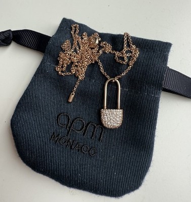 APM Monaco Crystal Safety Pin Pendant Necklace Baby XL Rose Gold Plated 925