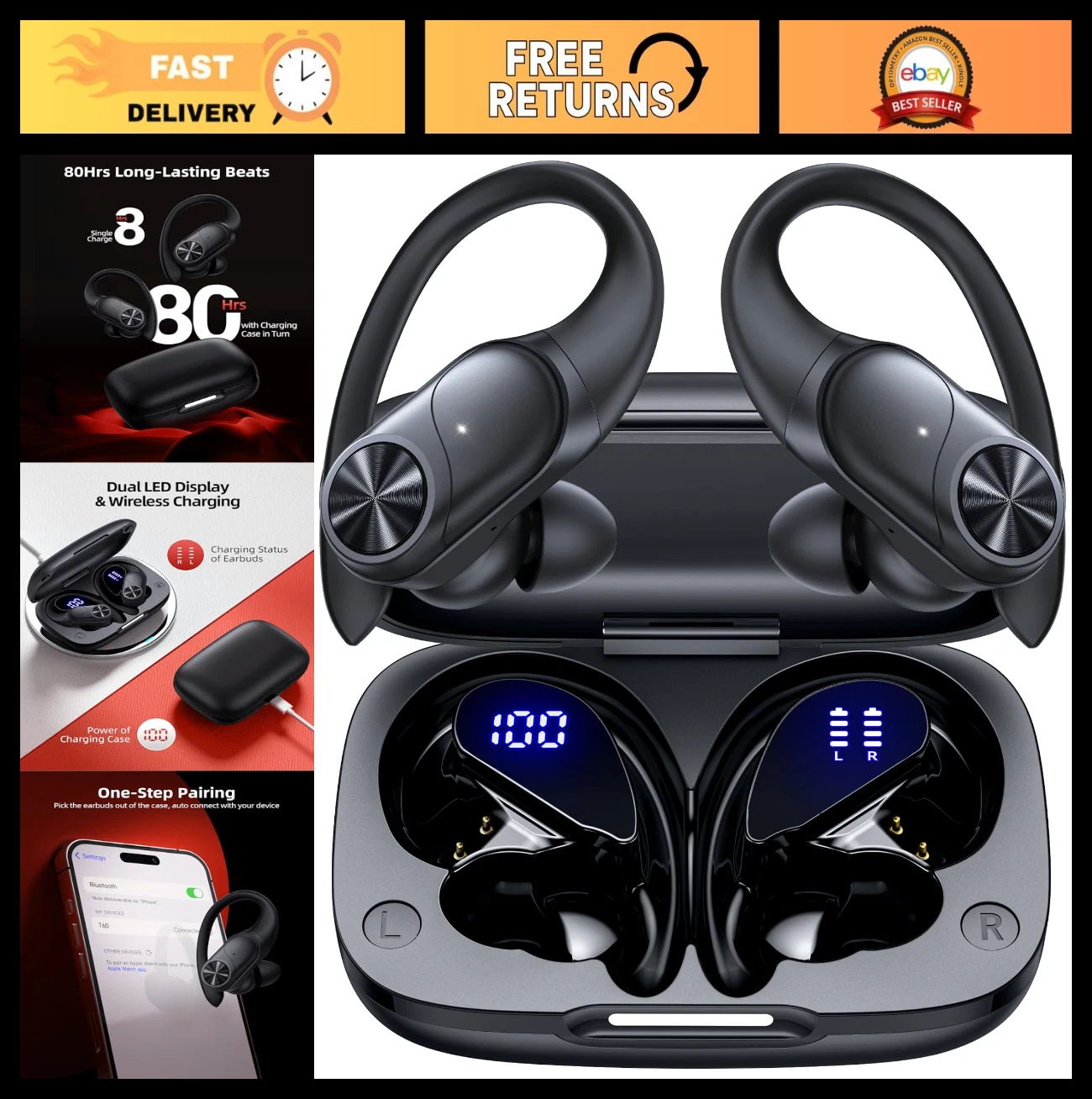 Wireless Bluetooth Earbuds with 80hrs Playtime, IPX7 Waterproof, Deep Bass, Spor