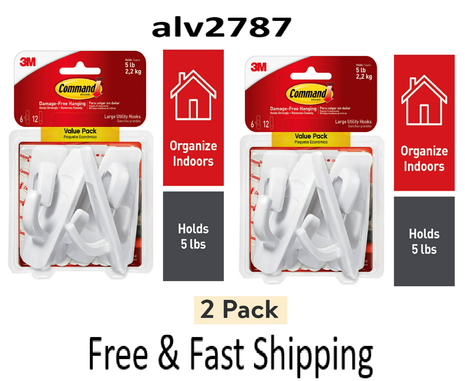Command Large Utility Hooks, White, 2 Pack, Total 12 hooks a