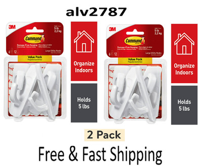 Command Large Utility Hooks, White, 2 Pack, Total 12 hooks and 24 command Strips