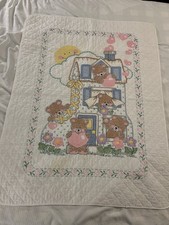 Handmade Baby Cross Stitch Crib Blanket Quilt w/ Bears, Shoe House Hearts Sewing