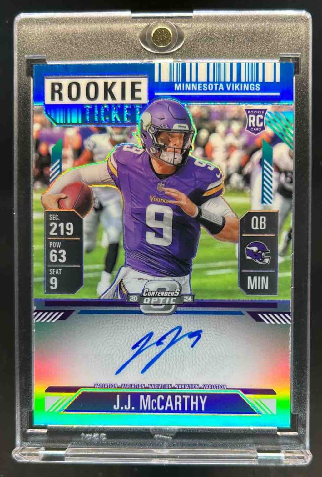 2024 Contenders Optic J.J. McCarthy Rookie Ticket Auto RC Teal Prizm VAR #29/75