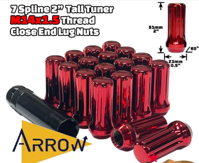 20Pcs RED 2'' M14x1.5 Spline Tuner Lug Nuts + Key Fit Jeep/Gladiator/Wrangler.