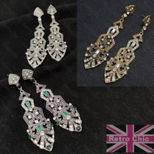 Long Art Deco Style Geometric Crystal Chandelier Earrings Vintage Gold/Silver Pl