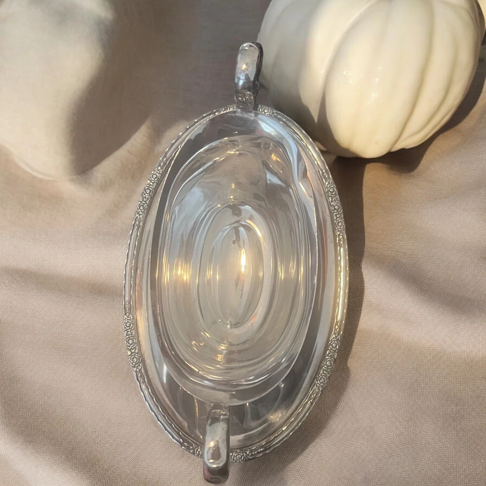 Vintage Camille Elegant Rose Pattern Under Plate Gravy Boat Silver Plate 6013 - Imagem 4 de 4