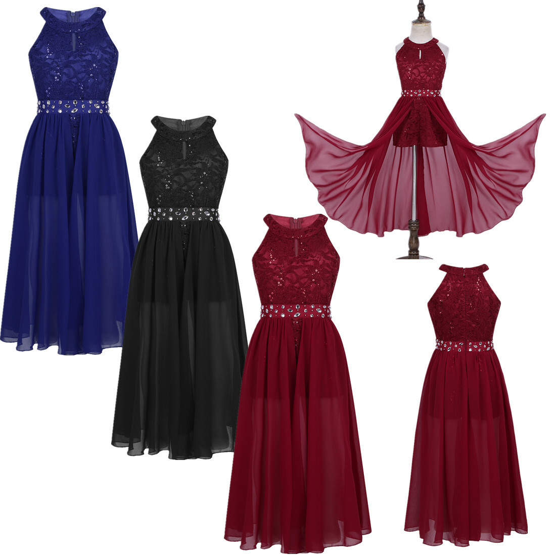 Lace Girls Rhinestone Romper Dress Kids Dance Party Formal Gown