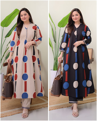 Geometric Print Long Kurti with Pants Polka Dot V Nack And Embroidery Work