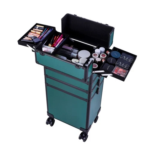 4-in-1Draw-bar Style Interchangeable Aluminum Rolling Makeup Case-Dark Green US - Picture 8 of 12