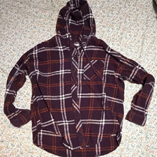 maurices Plaid Pullover Hoodie Button Front Purple Orange White Women's Size L
